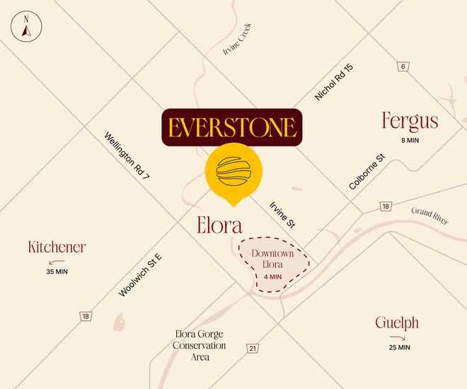 Everstone Elora location map with approximate drive times to downtown Elora, Fergus, Guelph, and Kitchener